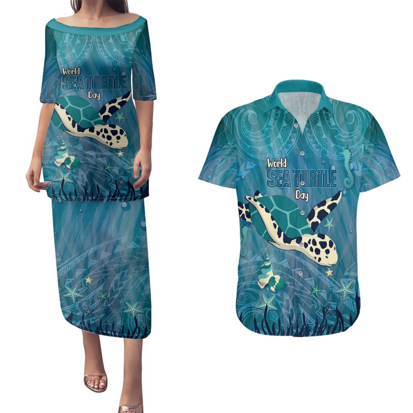 World Sea Turtle Day Polynesia Couples Matching Puletasi and Hawaiian Shirt Go With The Flow