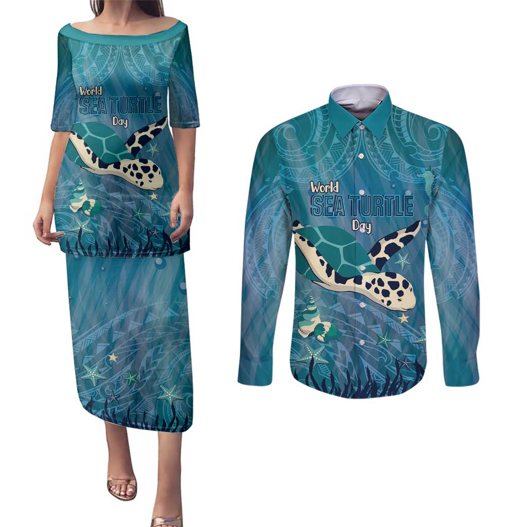 World Sea Turtle Day Polynesia Couples Matching Puletasi and Long Sleeve Button Shirt Go With The Flow