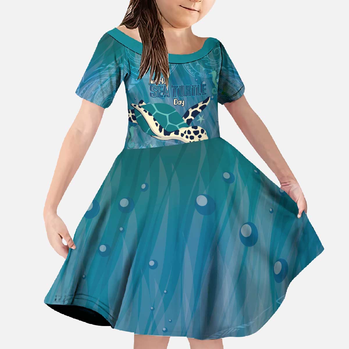 World Sea Turtle Day Polynesia Family Matching Off The Shoulder Long Sleeve Dress and Hawaiian Shirt Go With The Flow LT14 Daughter's Dress Cyan - Polynesian Pride