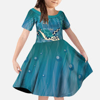 World Sea Turtle Day Polynesia Family Matching Off The Shoulder Long Sleeve Dress and Hawaiian Shirt Go With The Flow LT14 Daughter's Dress Cyan - Polynesian Pride