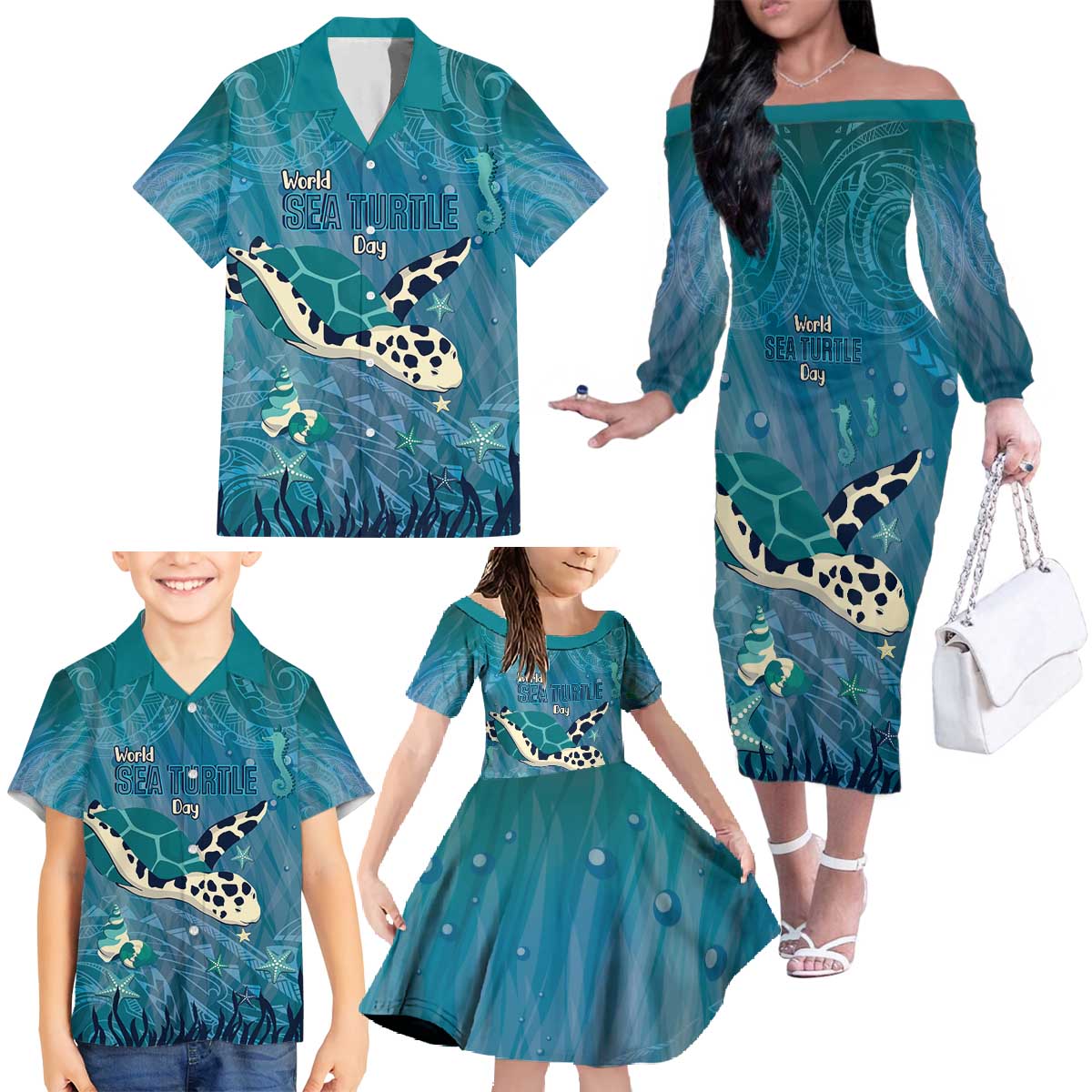 World Sea Turtle Day Polynesia Family Matching Off The Shoulder Long Sleeve Dress and Hawaiian Shirt Go With The Flow LT14 - Polynesian Pride