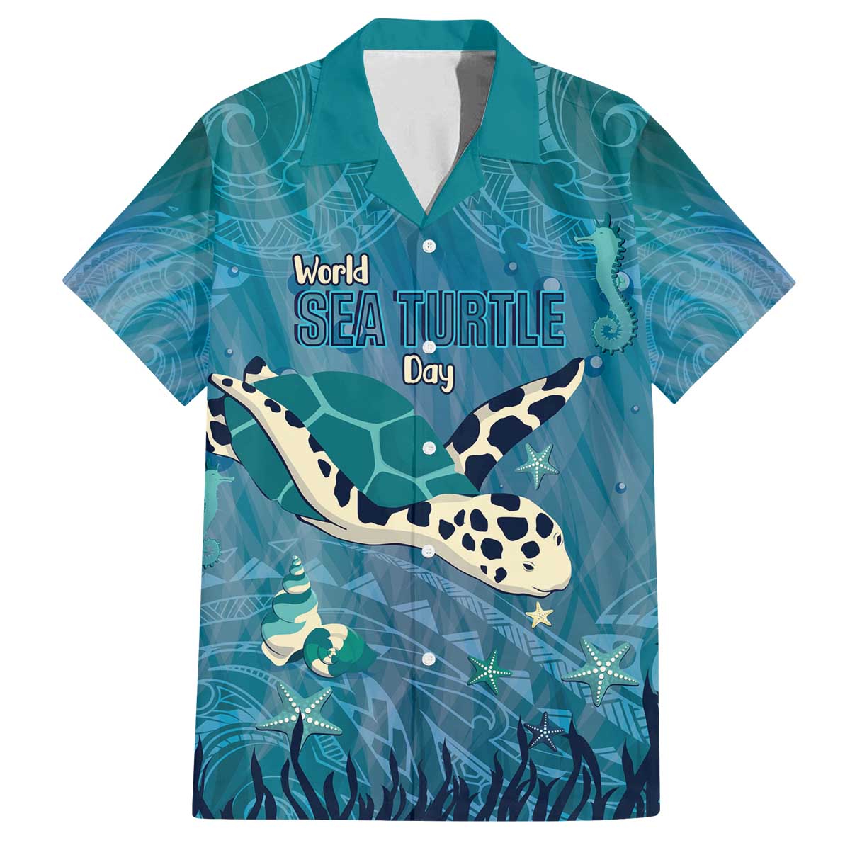 World Sea Turtle Day Polynesia Family Matching Off The Shoulder Long Sleeve Dress and Hawaiian Shirt Go With The Flow LT14 Dad's Shirt - Short Sleeve Cyan - Polynesian Pride