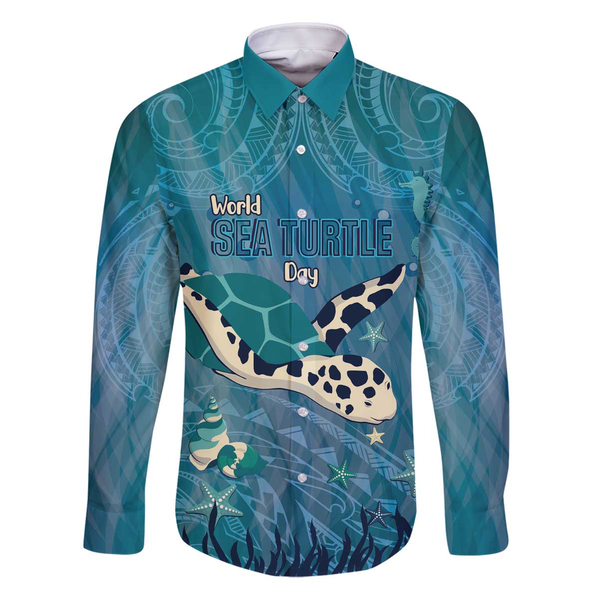 World Sea Turtle Day Polynesia Family Matching Off The Shoulder Long Sleeve Dress and Hawaiian Shirt Go With The Flow LT14 Dad's Shirt - Long Sleeve Cyan - Polynesian Pride