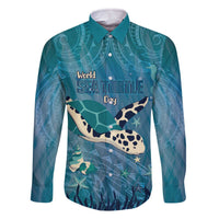 World Sea Turtle Day Polynesia Family Matching Off The Shoulder Long Sleeve Dress and Hawaiian Shirt Go With The Flow LT14 Dad's Shirt - Long Sleeve Cyan - Polynesian Pride