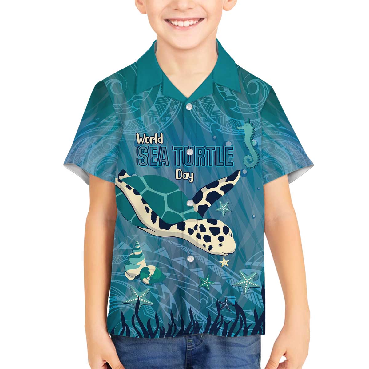 World Sea Turtle Day Polynesia Family Matching Off The Shoulder Long Sleeve Dress and Hawaiian Shirt Go With The Flow LT14 Son's Shirt Cyan - Polynesian Pride