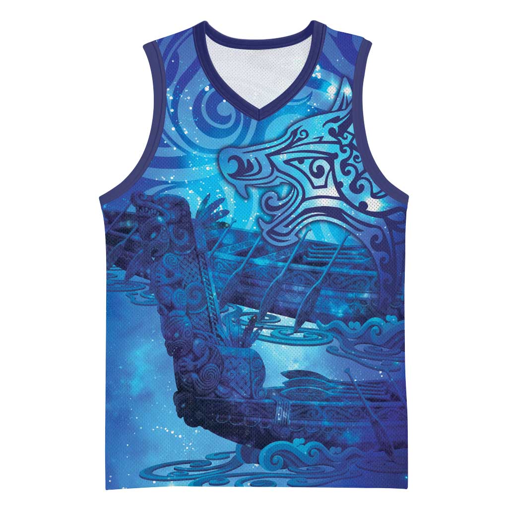 Kuri New Zealand Matariki Basketball Jersey Aotearoa Dog Waka Maori New Year Galaxy Vibes LT14 Unisex Blue - Polynesian Pride
