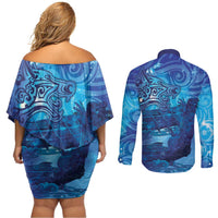 Kuri New Zealand Matariki Couples Matching Off Shoulder Short Dress and Long Sleeve Button Shirt Aotearoa Dog Waka Maori New Year Galaxy Vibes LT14 - Polynesian Pride