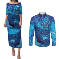 Kuri New Zealand Matariki Couples Matching Puletasi and Long Sleeve Button Shirt Aotearoa Dog Waka Maori New Year Galaxy Vibes LT14 Blue - Polynesian Pride