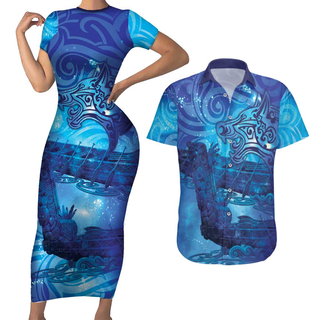 Kuri New Zealand Matariki Couples Matching Short Sleeve Bodycon Dress and Hawaiian Shirt Aotearoa Dog Waka Maori New Year Galaxy Vibes LT14 Blue - Polynesian Pride