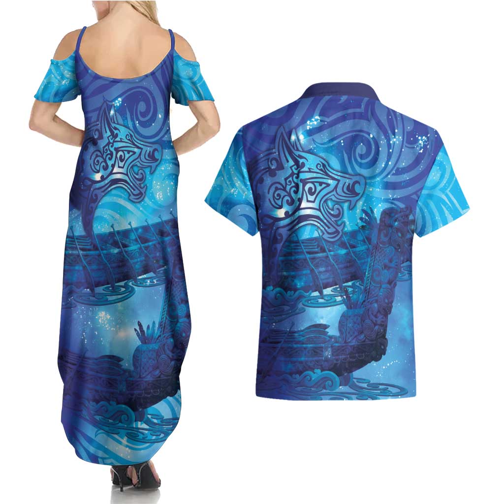 Kuri New Zealand Matariki Couples Matching Summer Maxi Dress and Hawaiian Shirt Aotearoa Dog Waka Maori New Year Galaxy Vibes LT14 - Polynesian Pride
