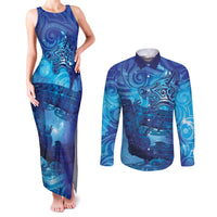 Kuri New Zealand Matariki Couples Matching Tank Maxi Dress and Long Sleeve Button Shirt Aotearoa Dog Waka Maori New Year Galaxy Vibes LT14 Blue - Polynesian Pride