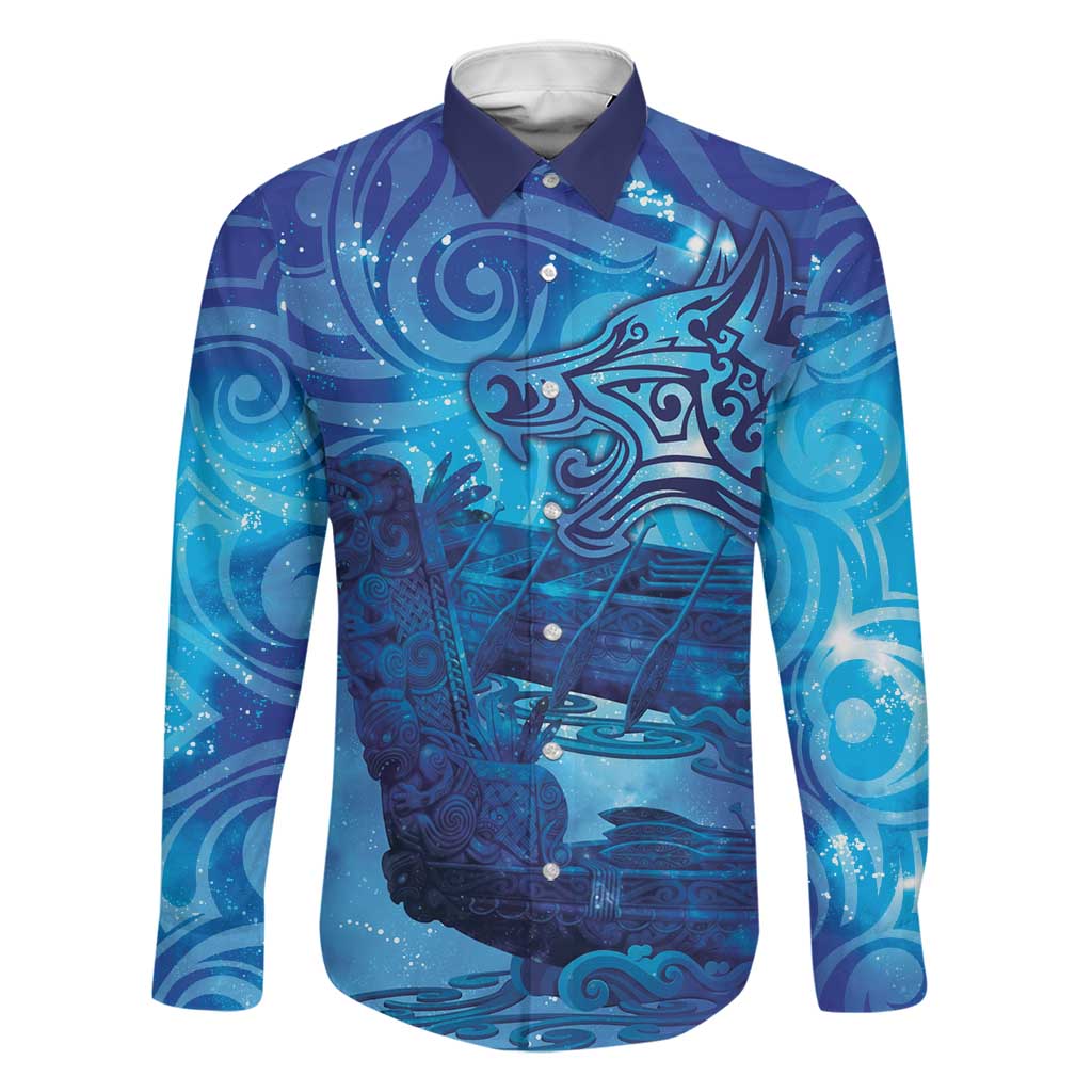 Kuri New Zealand Matariki Family Matching Long Sleeve Bodycon Dress and Hawaiian Shirt Aotearoa Dog Waka Maori New Year Galaxy Vibes LT14 Dad's Shirt - Long Sleeve Blue - Polynesian Pride