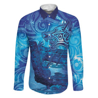 Kuri New Zealand Matariki Family Matching Mermaid Dress and Hawaiian Shirt Aotearoa Dog Waka Maori New Year Galaxy Vibes LT14 Dad's Shirt - Long Sleeve Blue - Polynesian Pride
