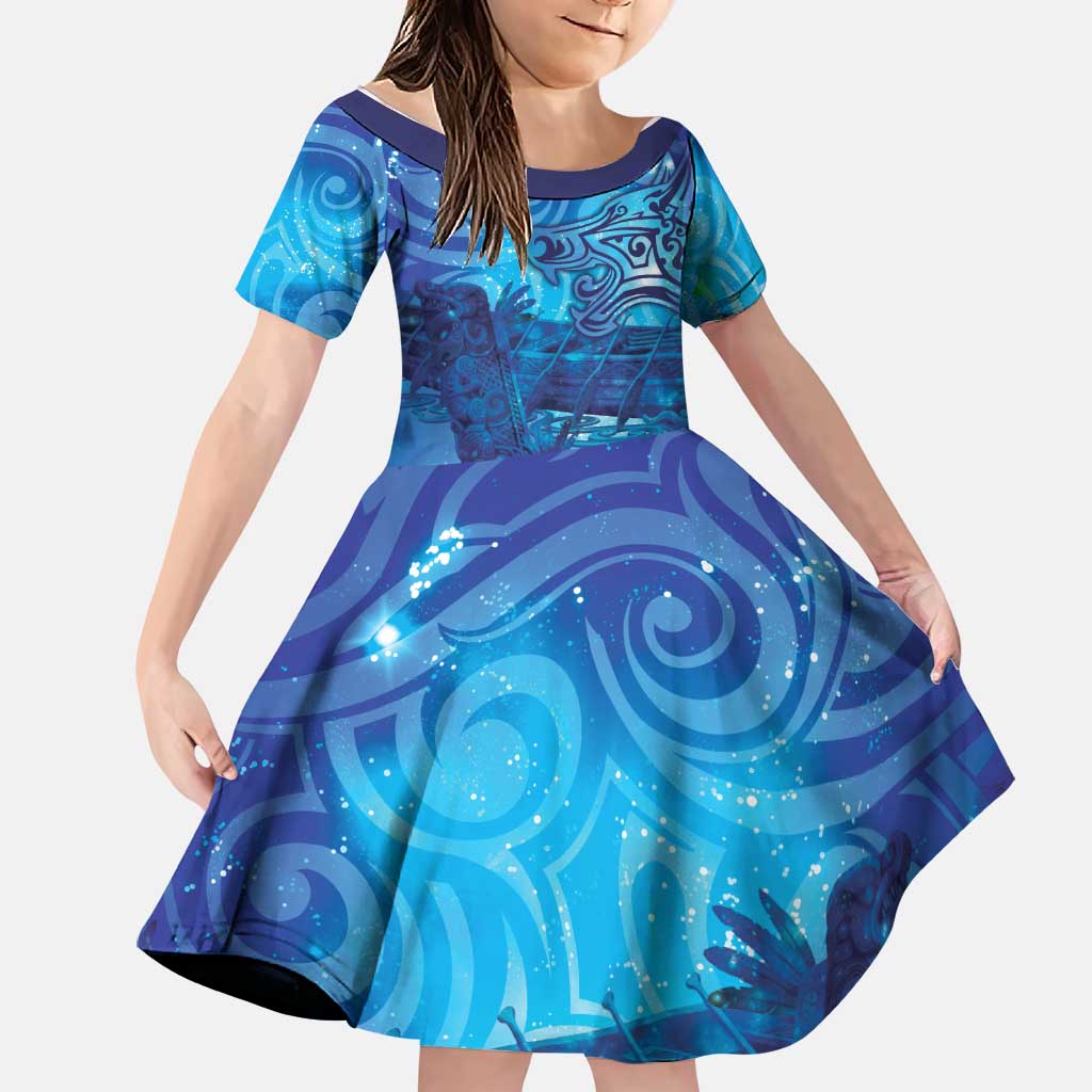 Kuri New Zealand Matariki Family Matching Puletasi and Hawaiian Shirt Aotearoa Dog Waka Maori New Year Galaxy Vibes LT14 Daughter's Dress Blue - Polynesian Pride