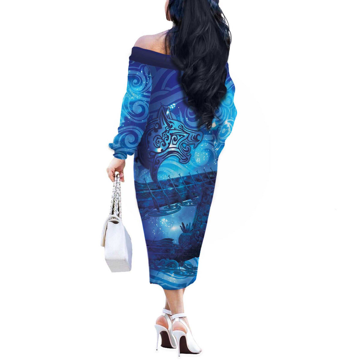 Kuri New Zealand Matariki Off The Shoulder Long Sleeve Dress Aotearoa Dog Waka Maori New Year Galaxy Vibes LT14 - Polynesian Pride