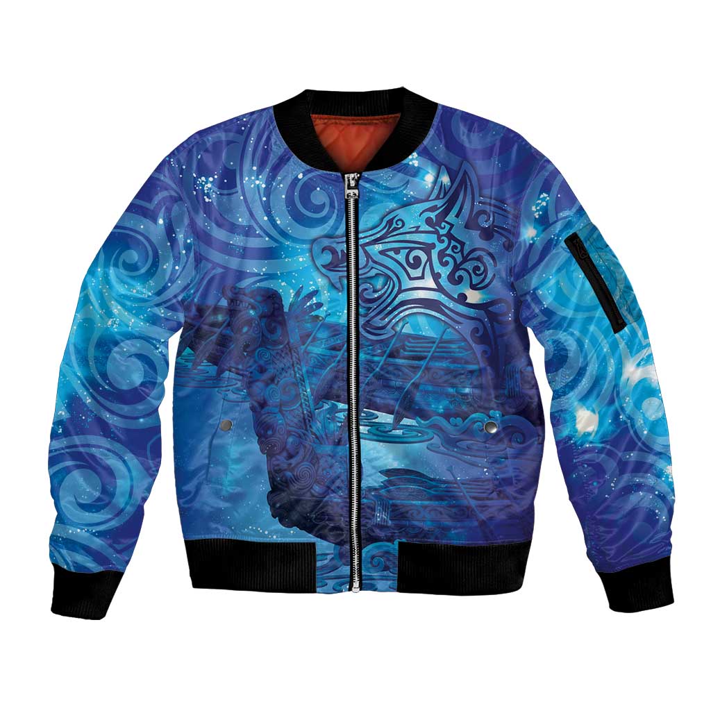 Kuri New Zealand Matariki Sleeve Zip Bomber Jacket Aotearoa Dog Waka Maori New Year Galaxy Vibes LT14 Unisex Blue - Polynesian Pride