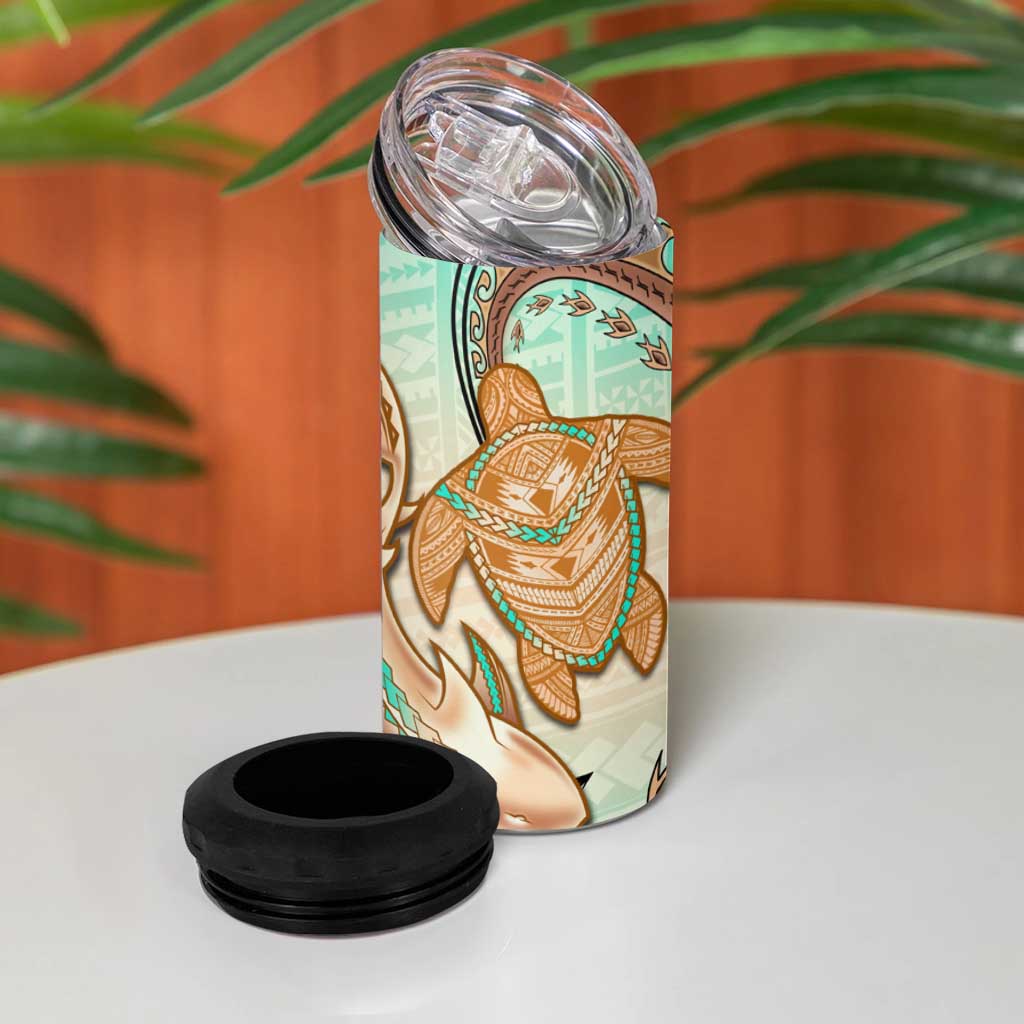 Hawaii 4 in 1 Can Cooler Tumbler Polynesian Shark and Sea Turtle Dreamy Turquoise Artsy