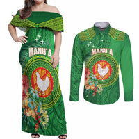 Personalized Manu'a Cession Day Couples Matching Off Shoulder Maxi Dress and Long Sleeve Button Shirt Tropical Flowers With Polynesian Pattern