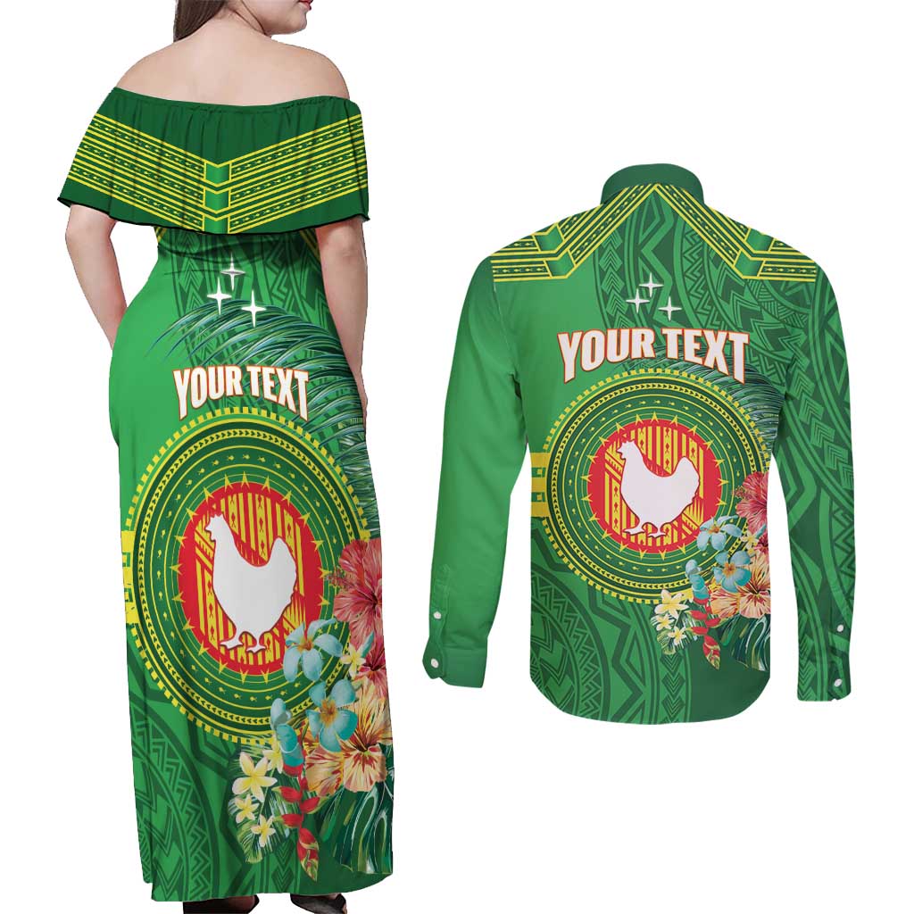 Personalized Manu'a Cession Day Couples Matching Off Shoulder Maxi Dress and Long Sleeve Button Shirt Tropical Flowers With Polynesian Pattern