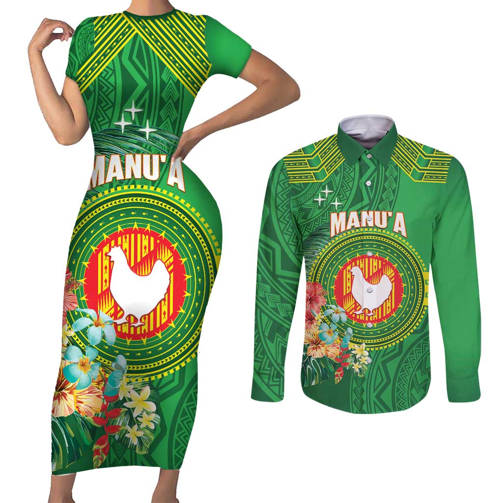 Personalized Manu'a Cession Day Couples Matching Short Sleeve Bodycon Dress and Long Sleeve Button Shirt Tropical Flowers With Polynesian Pattern