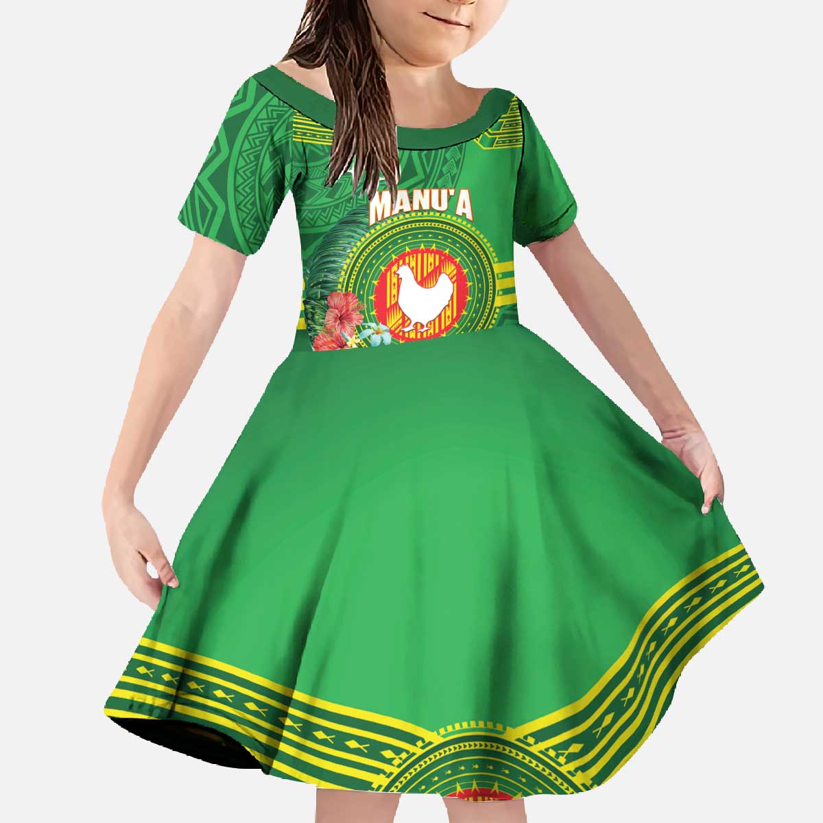 Personalized Manu'a Cession Day Family Matching Off The Shoulder Long Sleeve Dress and Hawaiian Shirt Tropical Flowers With Polynesian Pattern LT14 Daughter's Dress Green - Polynesian Pride