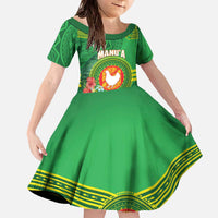 Personalized Manu'a Cession Day Family Matching Off The Shoulder Long Sleeve Dress and Hawaiian Shirt Tropical Flowers With Polynesian Pattern LT14 Daughter's Dress Green - Polynesian Pride