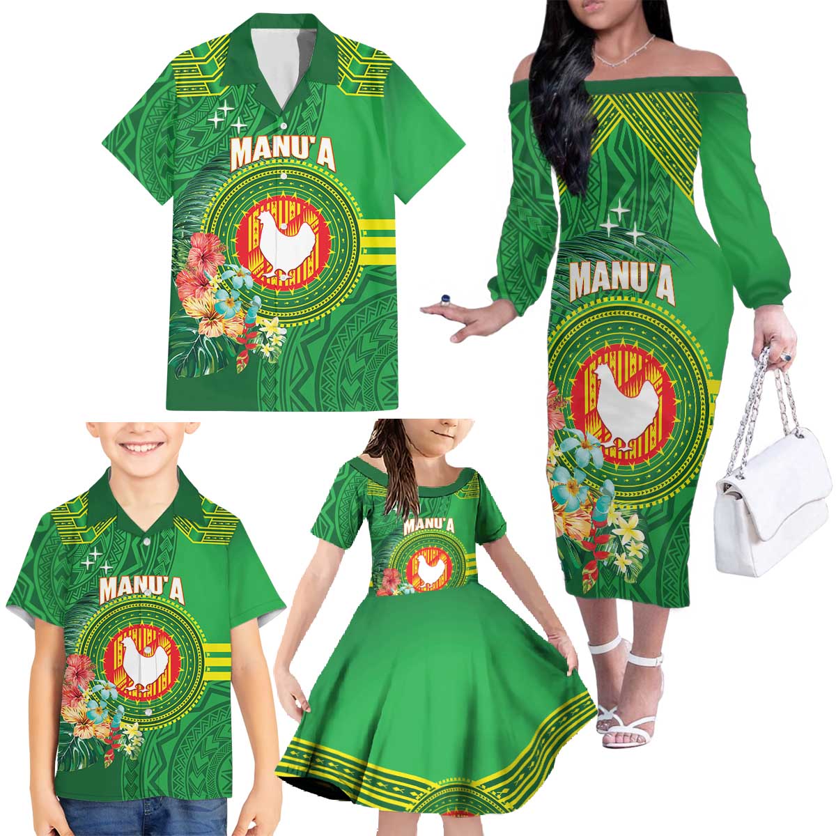 Personalized Manu'a Cession Day Family Matching Off The Shoulder Long Sleeve Dress and Hawaiian Shirt Tropical Flowers With Polynesian Pattern LT14 - Polynesian Pride