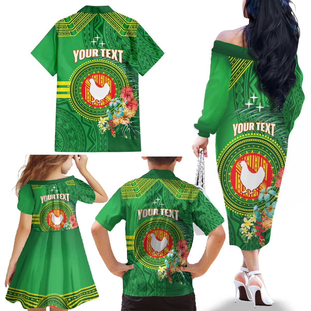 Personalized Manu'a Cession Day Family Matching Off The Shoulder Long Sleeve Dress and Hawaiian Shirt Tropical Flowers With Polynesian Pattern LT14 - Polynesian Pride