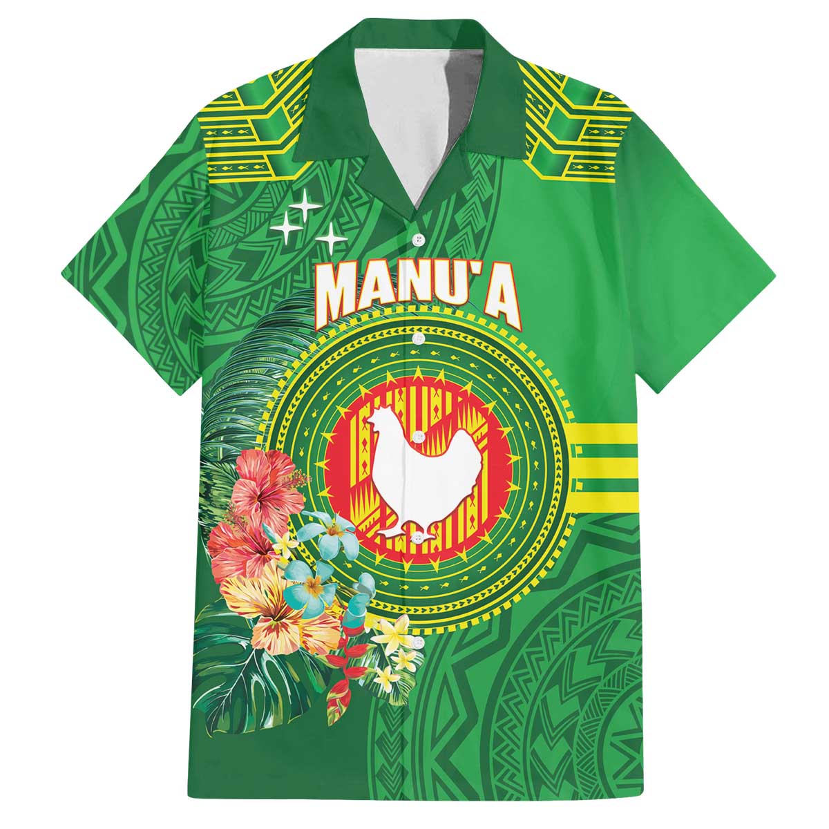 Personalized Manu'a Cession Day Family Matching Off The Shoulder Long Sleeve Dress and Hawaiian Shirt Tropical Flowers With Polynesian Pattern LT14 Dad's Shirt - Short Sleeve Green - Polynesian Pride
