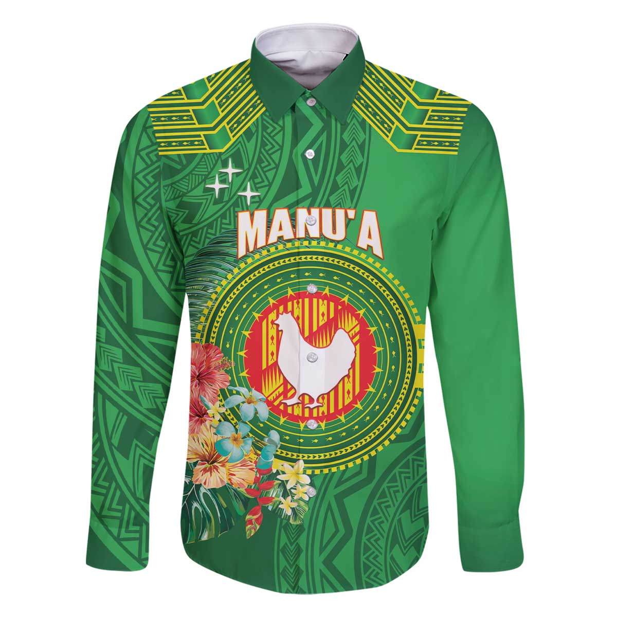 Personalized Manu'a Cession Day Family Matching Off The Shoulder Long Sleeve Dress and Hawaiian Shirt Tropical Flowers With Polynesian Pattern LT14 Dad's Shirt - Long Sleeve Green - Polynesian Pride