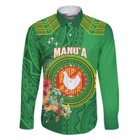 Personalized Manu'a Cession Day Family Matching Off The Shoulder Long Sleeve Dress and Hawaiian Shirt Tropical Flowers With Polynesian Pattern LT14 Dad's Shirt - Long Sleeve Green - Polynesian Pride