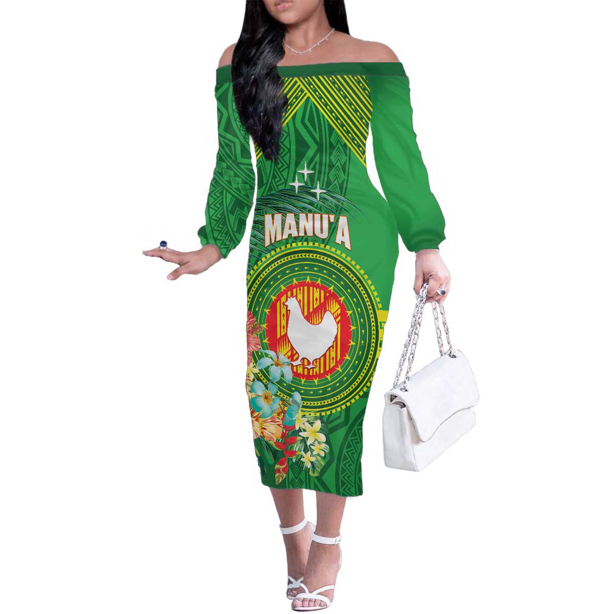 Personalized Manu'a Cession Day Family Matching Off The Shoulder Long Sleeve Dress and Hawaiian Shirt Tropical Flowers With Polynesian Pattern LT14 Mom's Dress Green - Polynesian Pride