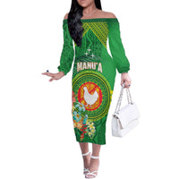 Personalized Manu'a Cession Day Family Matching Off The Shoulder Long Sleeve Dress and Hawaiian Shirt Tropical Flowers With Polynesian Pattern LT14 Mom's Dress Green - Polynesian Pride