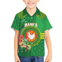 Personalized Manu'a Cession Day Family Matching Off The Shoulder Long Sleeve Dress and Hawaiian Shirt Tropical Flowers With Polynesian Pattern LT14 Son's Shirt Green - Polynesian Pride