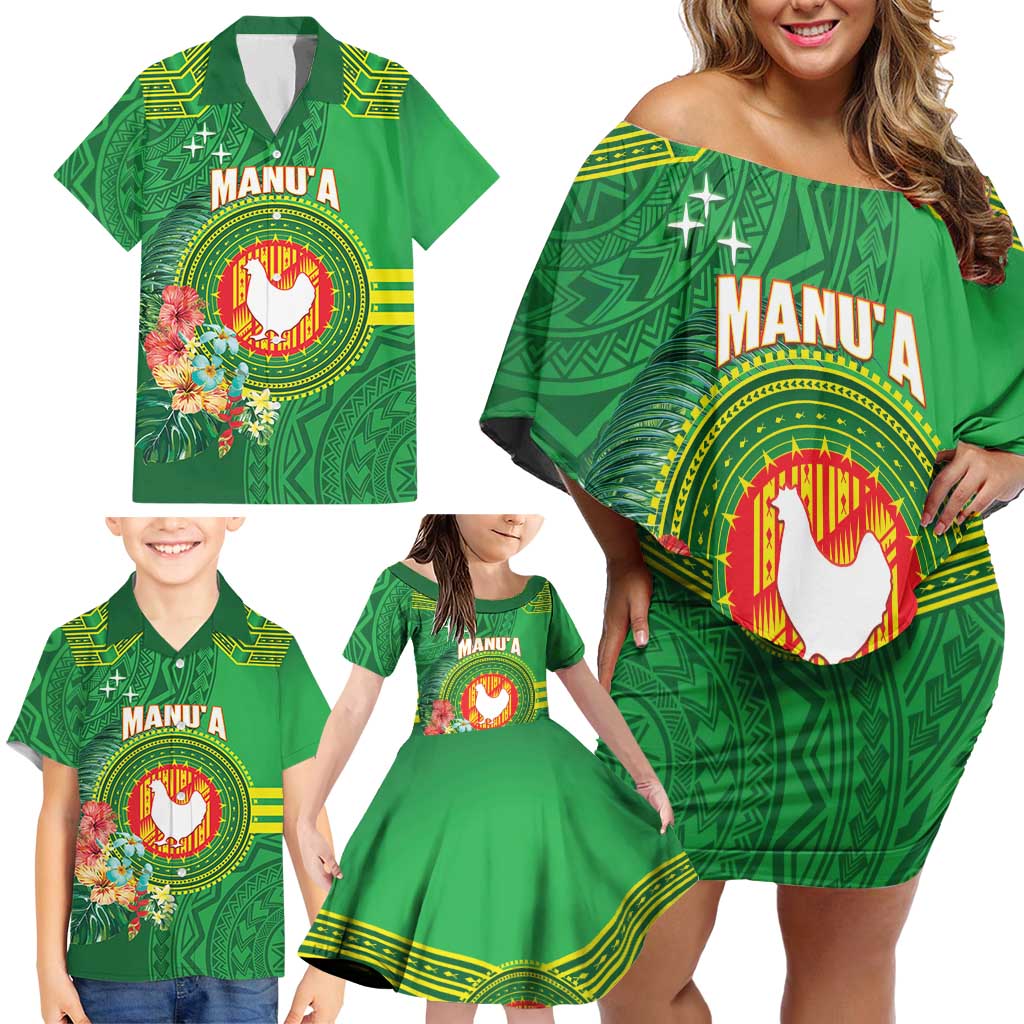Personalized Manu'a Cession Day Family Matching Off Shoulder Short Dress and Hawaiian Shirt Tropical Flowers With Polynesian Pattern