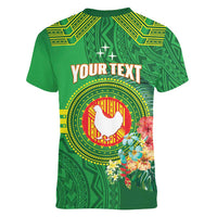 Personalized Manu'a Cession Day Women V-Neck T-Shirt Tropical Flowers With Polynesian Pattern