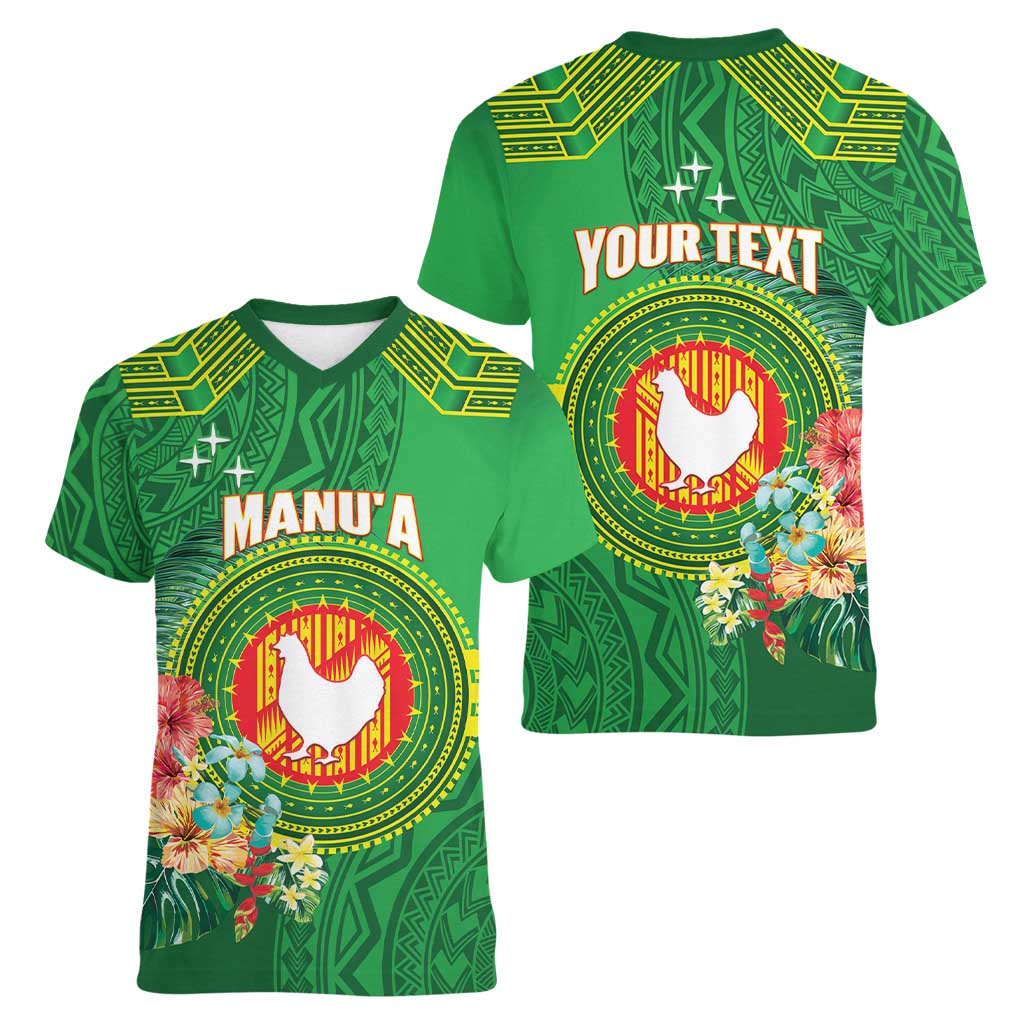 Personalized Manu'a Cession Day Women V-Neck T-Shirt Tropical Flowers With Polynesian Pattern