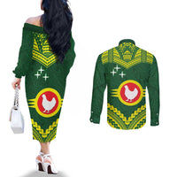 Manu'a Flag Day Couples Matching Off The Shoulder Long Sleeve Dress and Long Sleeve Button Shirt Polynesian Pattern National Color Proud