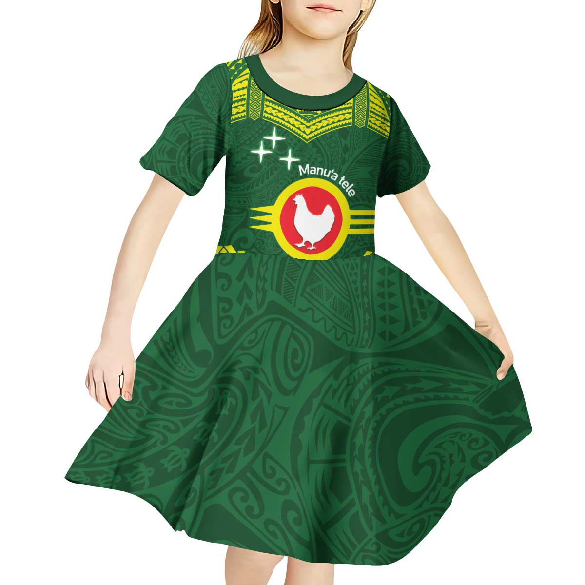 Manu'a Flag Day Kid Short Sleeve Dress Polynesian Pattern National Color Proud