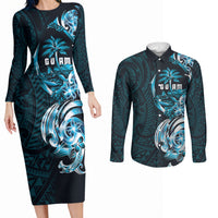 Asut Guam Chamorro Couples Matching Long Sleeve Bodycon Dress and Long Sleeve Button Shirt Guahan Seal Tattoo LT14 Blue - Polynesian Pride