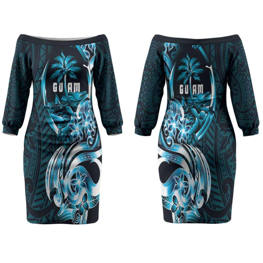 Asut Guam Chamorro Family Matching Off The Shoulder Long Sleeve Dress and Hawaiian Shirt Guahan Seal Tattoo LT14 Mom's Dress Blue - Polynesian Pride