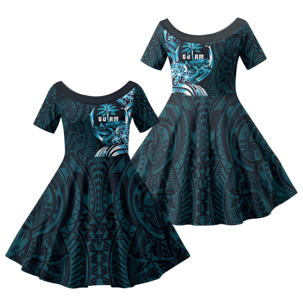 Asut Guam Chamorro Family Matching Off The Shoulder Long Sleeve Dress and Hawaiian Shirt Guahan Seal Tattoo LT14 Daughter's Dress Blue - Polynesian Pride