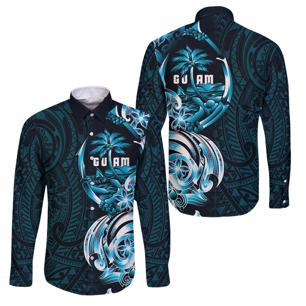 Asut Guam Chamorro Family Matching Off Shoulder Maxi Dress and Hawaiian Shirt Guahan Seal Tattoo LT14 Dad's Shirt - Long Sleeve Blue - Polynesian Pride