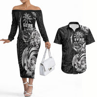 Attelong Guam Chamorro Couples Matching Off The Shoulder Long Sleeve Dress and Hawaiian Shirt Guahan Seal Tattoo LT14 Black - Polynesian Pride