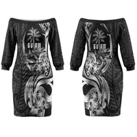 Attelong Guam Chamorro Couples Matching Off The Shoulder Long Sleeve Dress and Hawaiian Shirt Guahan Seal Tattoo LT14 - Polynesian Pride