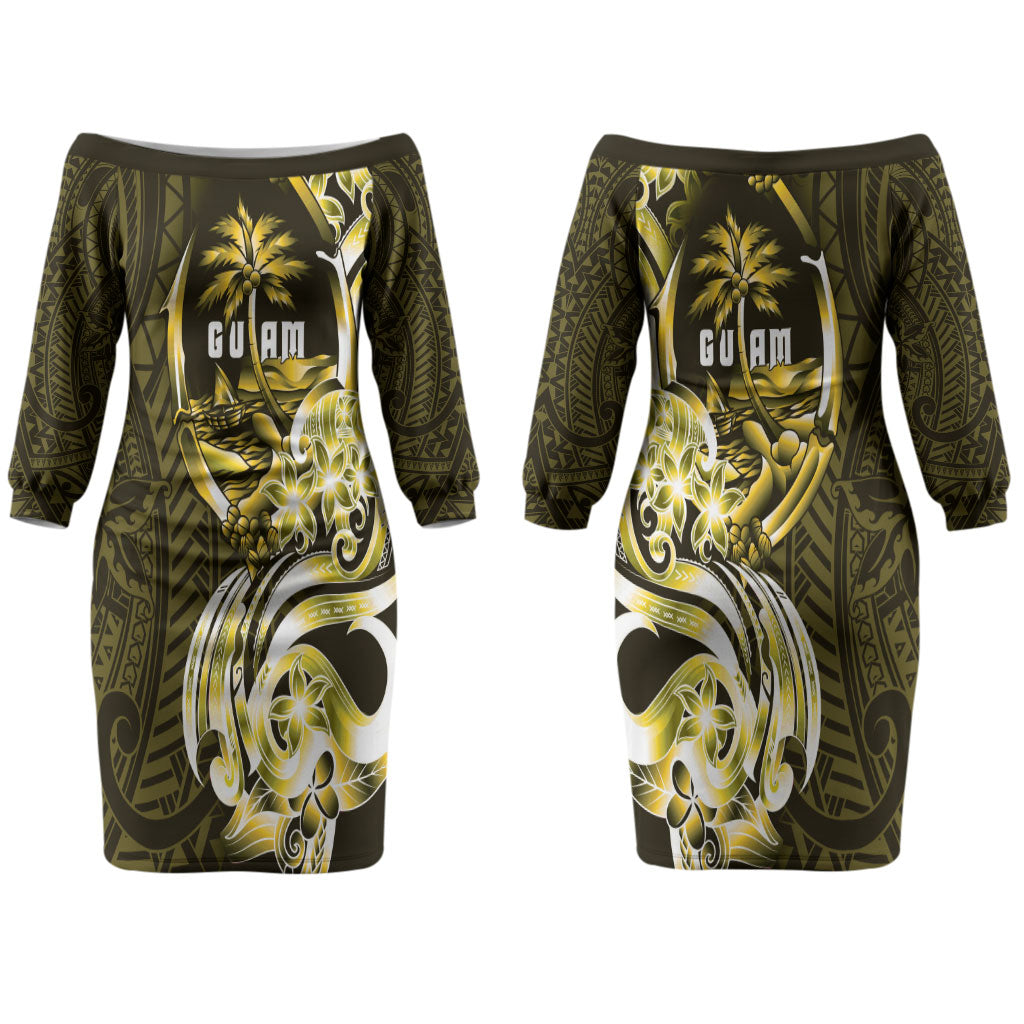 Amariyu Guam Chamorro Couples Matching Off The Shoulder Long Sleeve Dress and Hawaiian Shirt Guahan Seal Tattoo LT14 - Polynesian Pride