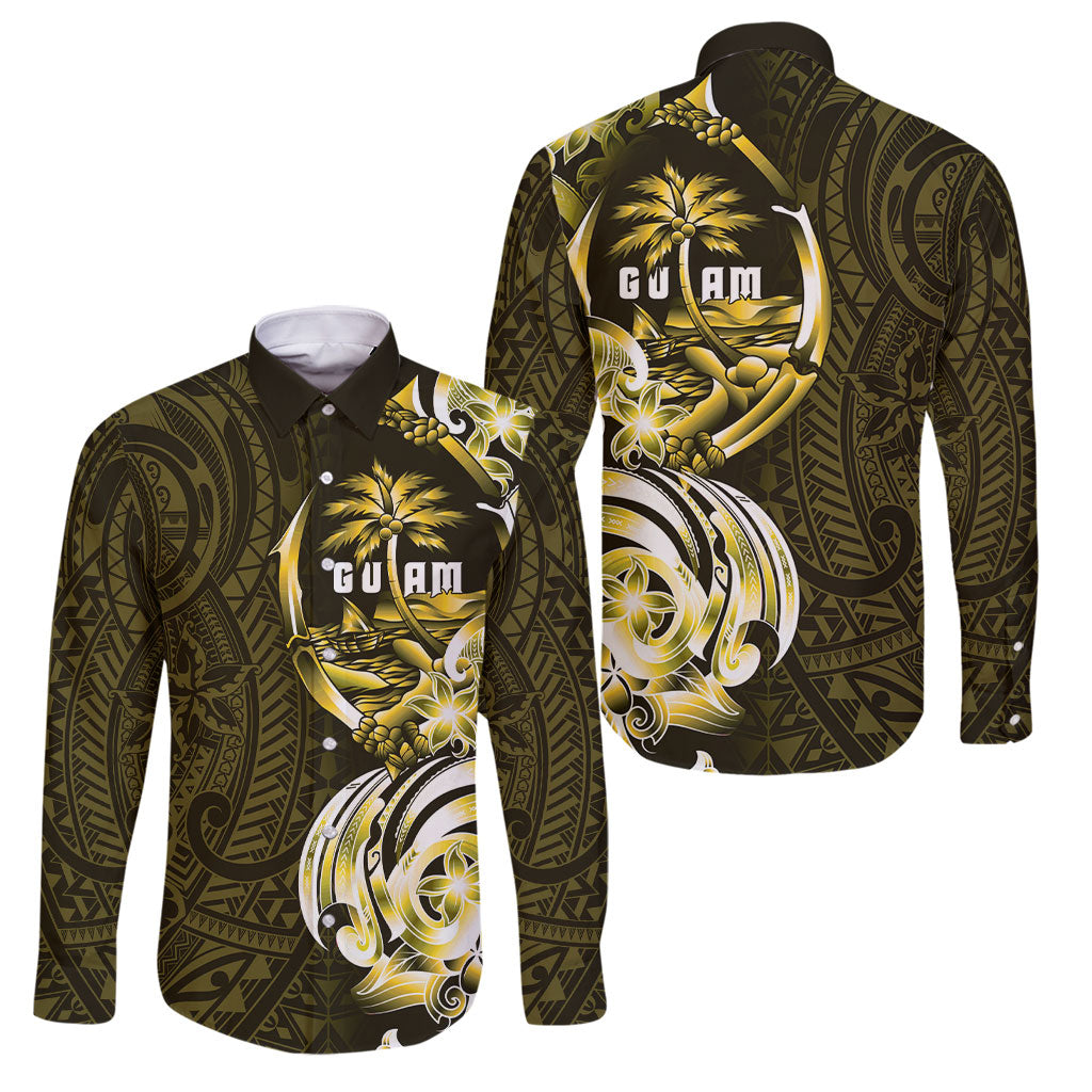 Amariyu Guam Chamorro Family Matching Long Sleeve Bodycon Dress and Hawaiian Shirt Guahan Seal Tattoo LT14 Dad's Shirt - Long Sleeve Yellow - Polynesian Pride