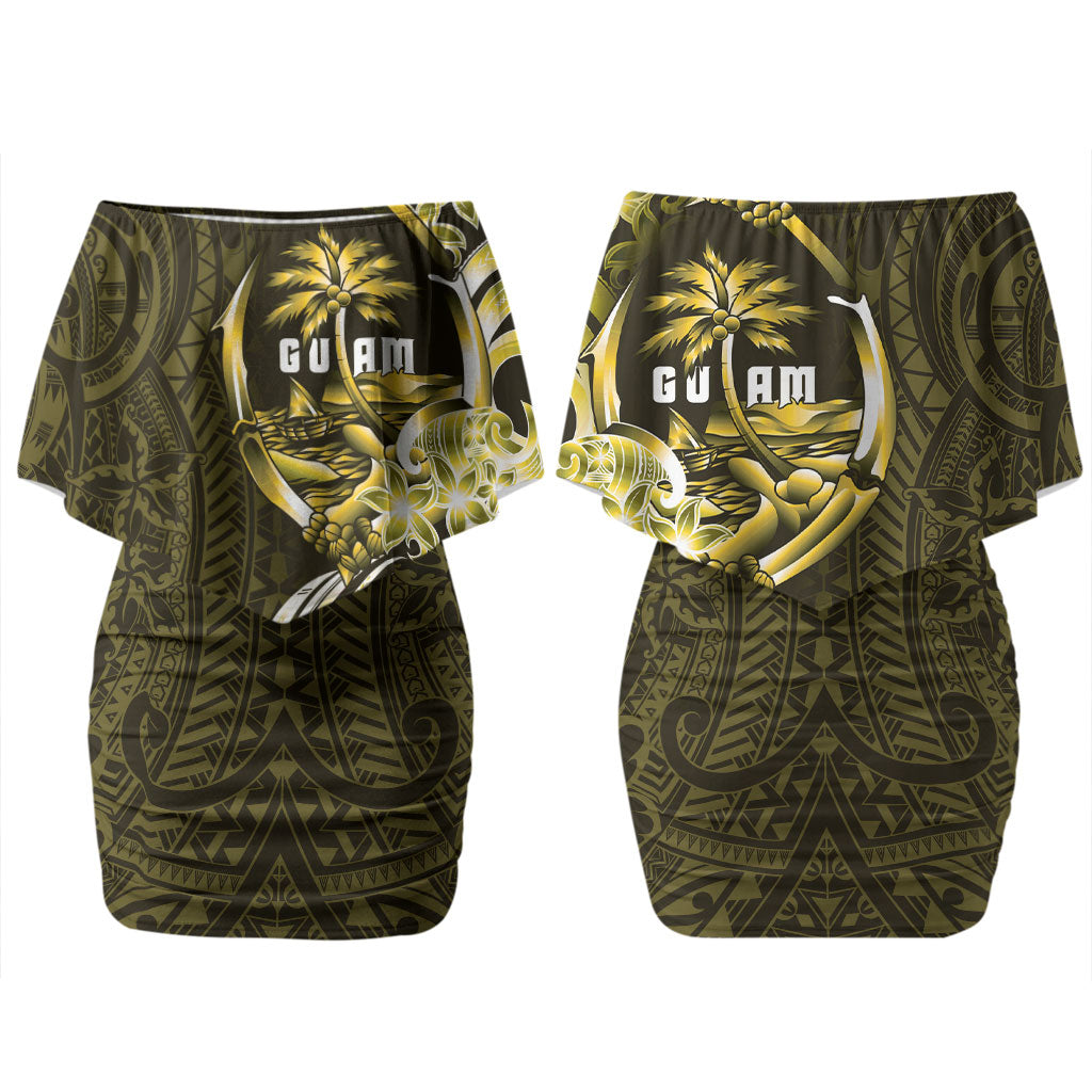 Amariyu Guam Chamorro Family Matching Off Shoulder Short Dress and Hawaiian Shirt Guahan Seal Tattoo LT14 Mom's Dress Yellow - Polynesian Pride