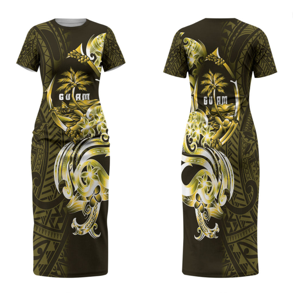 Amariyu Guam Chamorro Family Matching Short Sleeve Bodycon Dress and Hawaiian Shirt Guahan Seal Tattoo LT14 Mom's Dress Yellow - Polynesian Pride