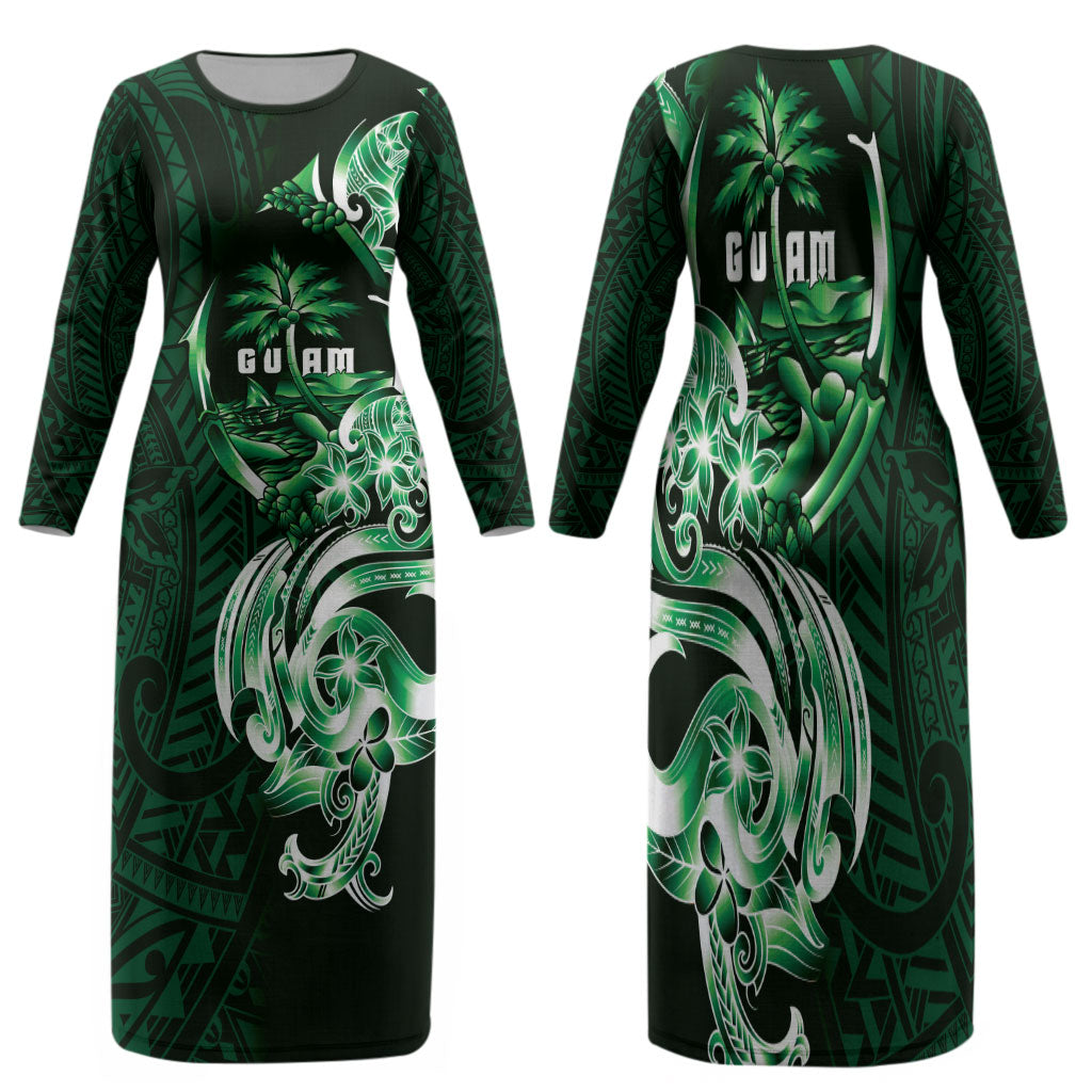 Betde Guam Chamorro Family Matching Long Sleeve Bodycon Dress and Hawaiian Shirt Guahan Seal Tattoo LT14 Mom's Dress Green - Polynesian Pride